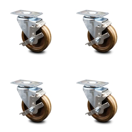 Service Caster 4 Inch High Temp Phenolic Wheel Swivel Top Plate Caster Set with Brake SCC SCC-20S414-PHRHT-TLB-TP2-4